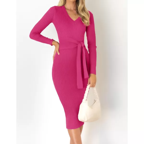 imageZESICA Womens 2023 Fall Sweater Dress V Neck Long Sleeve Ribbed Knit Tie Waist Slim Fit Bodycon Midi DressesRose