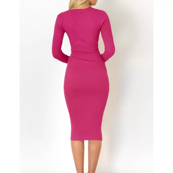 imageZESICA Womens 2023 Fall Sweater Dress V Neck Long Sleeve Ribbed Knit Tie Waist Slim Fit Bodycon Midi DressesRose