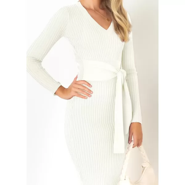 imageZESICA Womens 2023 Fall Sweater Dress V Neck Long Sleeve Ribbed Knit Tie Waist Slim Fit Bodycon Midi DressesWhite