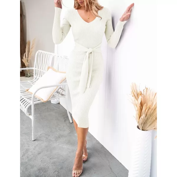 imageZESICA Womens 2023 Fall Sweater Dress V Neck Long Sleeve Ribbed Knit Tie Waist Slim Fit Bodycon Midi DressesWhite