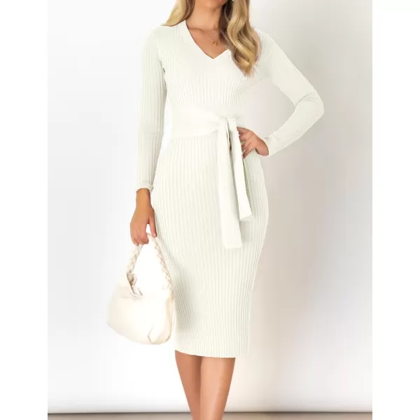 imageZESICA Womens 2023 Fall Sweater Dress V Neck Long Sleeve Ribbed Knit Tie Waist Slim Fit Bodycon Midi DressesWhite