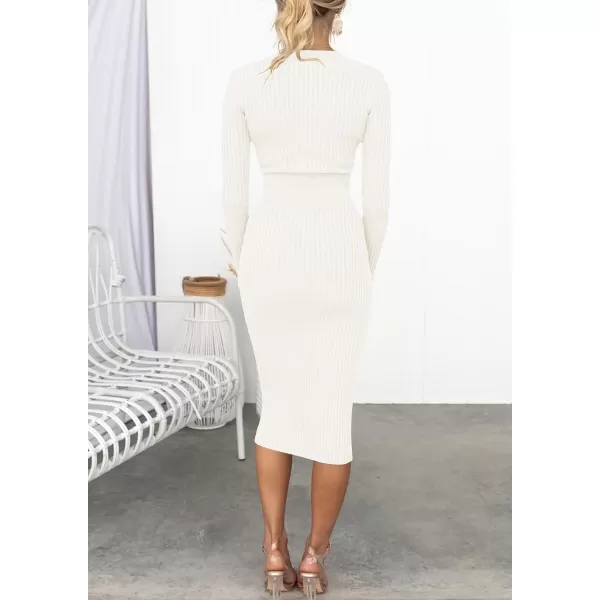 imageZESICA Womens 2023 Fall Sweater Dress V Neck Long Sleeve Ribbed Knit Tie Waist Slim Fit Bodycon Midi DressesWhite