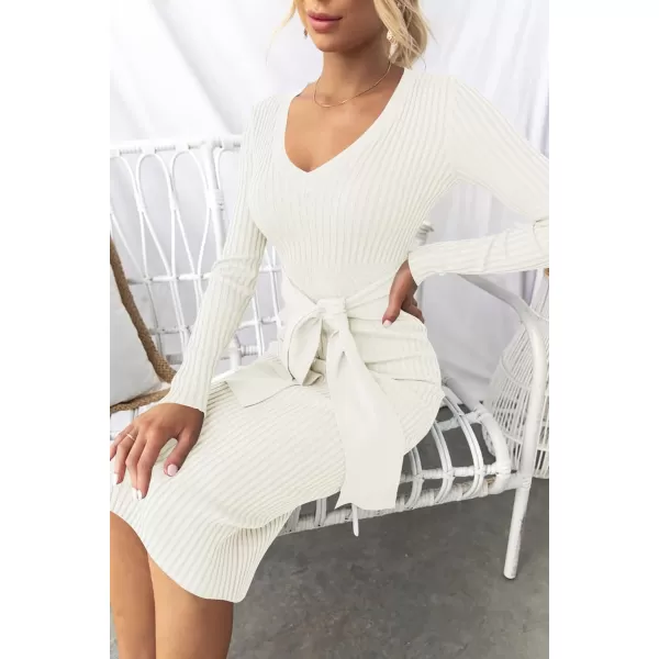 imageZESICA Womens 2023 Fall Sweater Dress V Neck Long Sleeve Ribbed Knit Tie Waist Slim Fit Bodycon Midi DressesWhite