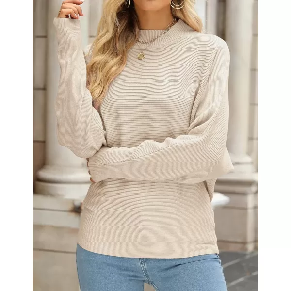 imageZESICA Womens 2023 Fall Turtleneck Batwing Long Sleeve Ribbed Knit Casual Soft Pullover Sweater Jumper TopApricot