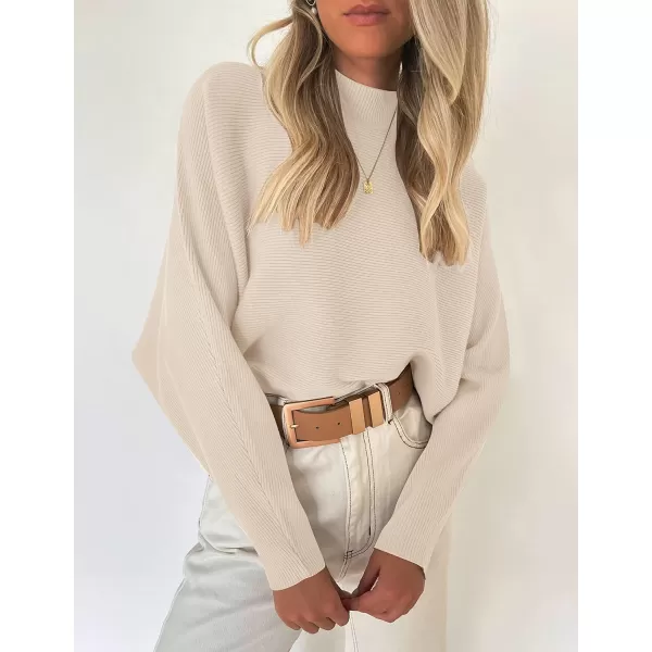 imageZESICA Womens 2023 Fall Turtleneck Batwing Long Sleeve Ribbed Knit Casual Soft Pullover Sweater Jumper TopApricot