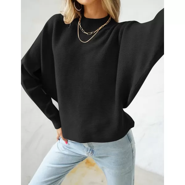 imageZESICA Womens 2023 Fall Turtleneck Batwing Long Sleeve Ribbed Knit Casual Soft Pullover Sweater Jumper TopBlack