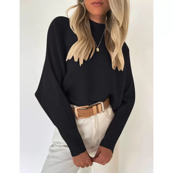 imageZESICA Womens 2023 Fall Turtleneck Batwing Long Sleeve Ribbed Knit Casual Soft Pullover Sweater Jumper TopBlack