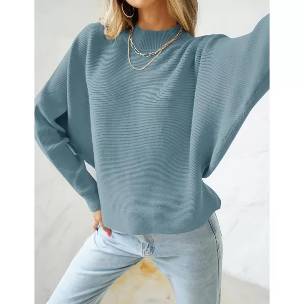 imageZESICA Womens 2023 Fall Turtleneck Batwing Long Sleeve Ribbed Knit Casual Soft Pullover Sweater Jumper TopBlue