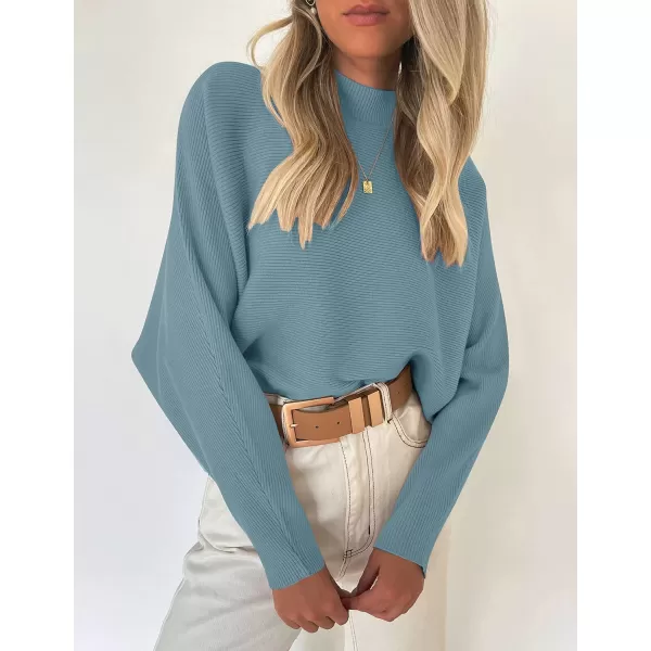 imageZESICA Womens 2023 Fall Turtleneck Batwing Long Sleeve Ribbed Knit Casual Soft Pullover Sweater Jumper TopBlue