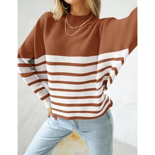 imageZESICA Womens 2023 Fall Turtleneck Batwing Long Sleeve Ribbed Knit Casual Soft Pullover Sweater Jumper TopBrown