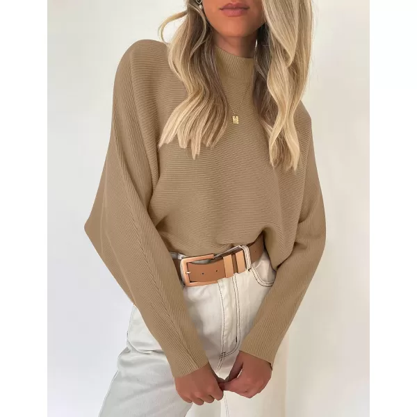 imageZESICA Womens 2023 Fall Turtleneck Batwing Long Sleeve Ribbed Knit Casual Soft Pullover Sweater Jumper TopCamel
