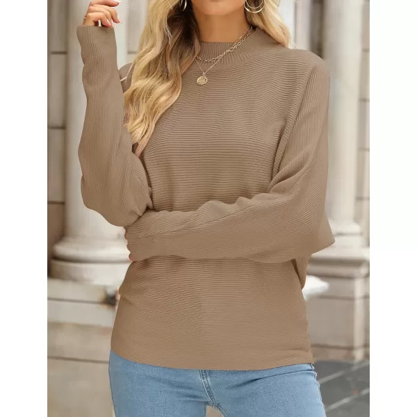 imageZESICA Womens 2023 Fall Turtleneck Batwing Long Sleeve Ribbed Knit Casual Soft Pullover Sweater Jumper TopCamel