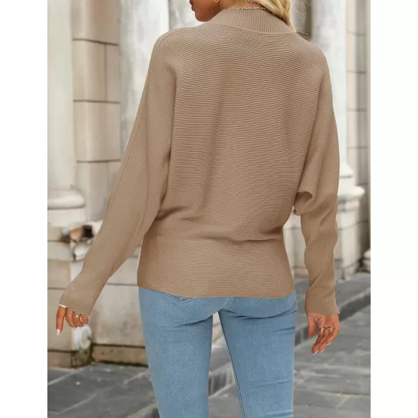 imageZESICA Womens 2023 Fall Turtleneck Batwing Long Sleeve Ribbed Knit Casual Soft Pullover Sweater Jumper TopCamel