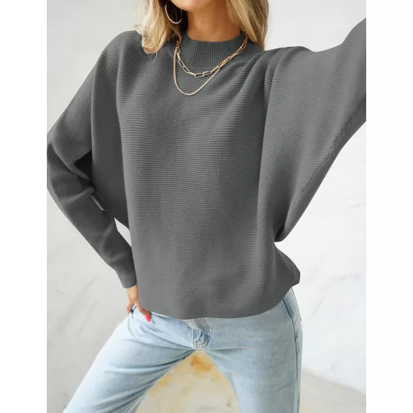 imageZESICA Womens 2023 Fall Turtleneck Batwing Long Sleeve Ribbed Knit Casual Soft Pullover Sweater Jumper TopDarkgrey