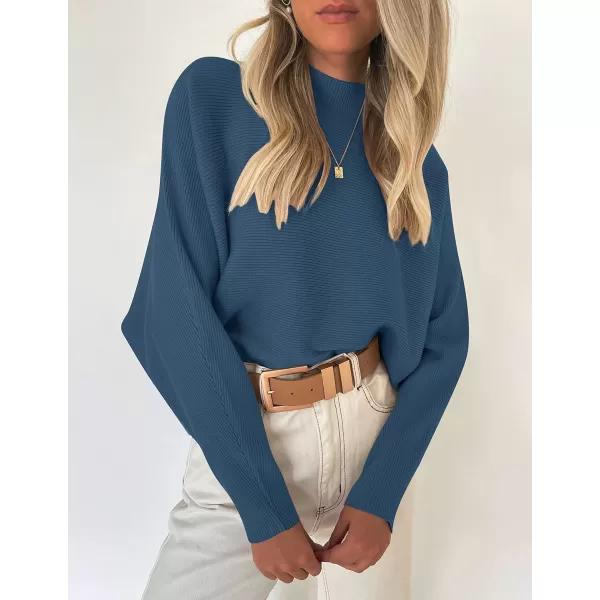 imageZESICA Womens 2023 Fall Turtleneck Batwing Long Sleeve Ribbed Knit Casual Soft Pullover Sweater Jumper TopDustyblue