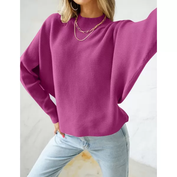 imageZESICA Womens 2023 Fall Turtleneck Batwing Long Sleeve Ribbed Knit Casual Soft Pullover Sweater Jumper TopEggplant