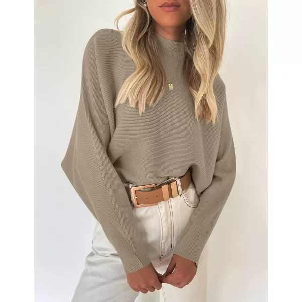 imageZESICA Womens 2023 Fall Turtleneck Batwing Long Sleeve Ribbed Knit Casual Soft Pullover Sweater Jumper TopKhaki