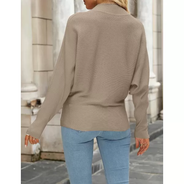 imageZESICA Womens 2023 Fall Turtleneck Batwing Long Sleeve Ribbed Knit Casual Soft Pullover Sweater Jumper TopKhaki