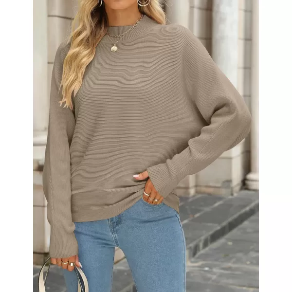 imageZESICA Womens 2023 Fall Turtleneck Batwing Long Sleeve Ribbed Knit Casual Soft Pullover Sweater Jumper TopKhaki
