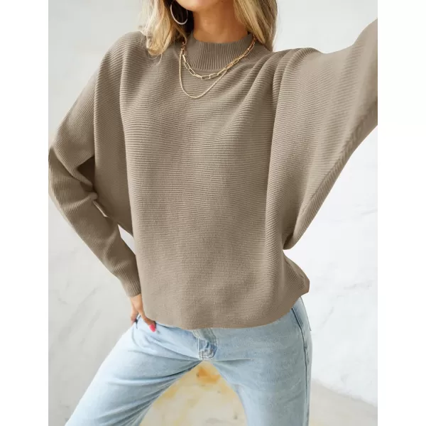 imageZESICA Womens 2023 Fall Turtleneck Batwing Long Sleeve Ribbed Knit Casual Soft Pullover Sweater Jumper TopKhaki