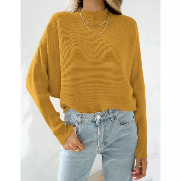 imageZESICA Womens 2023 Fall Turtleneck Batwing Long Sleeve Ribbed Knit Casual Soft Pullover Sweater Jumper TopMustard