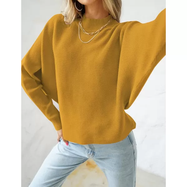imageZESICA Womens 2023 Fall Turtleneck Batwing Long Sleeve Ribbed Knit Casual Soft Pullover Sweater Jumper TopMustard
