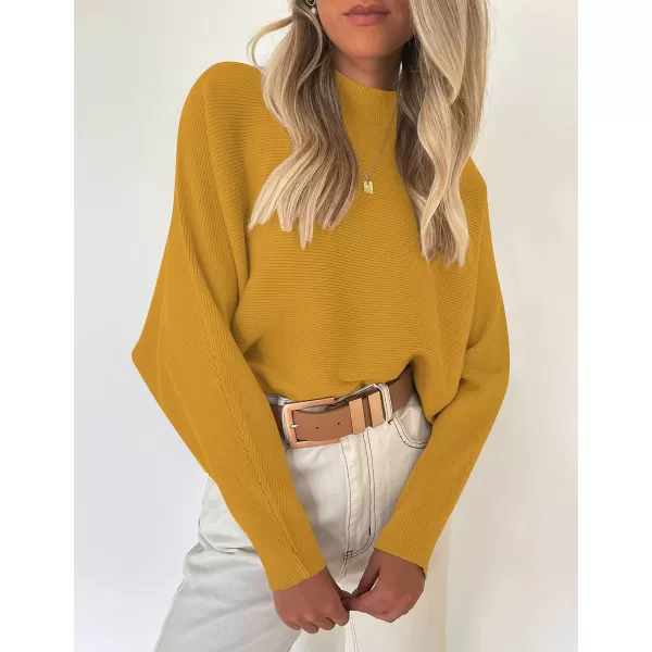 imageZESICA Womens 2023 Fall Turtleneck Batwing Long Sleeve Ribbed Knit Casual Soft Pullover Sweater Jumper TopMustard