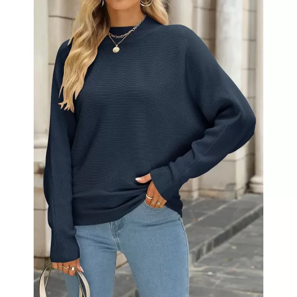 imageZESICA Womens 2023 Fall Turtleneck Batwing Long Sleeve Ribbed Knit Casual Soft Pullover Sweater Jumper TopNavy