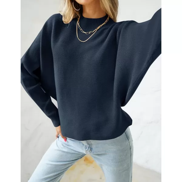 imageZESICA Womens 2023 Fall Turtleneck Batwing Long Sleeve Ribbed Knit Casual Soft Pullover Sweater Jumper TopNavy