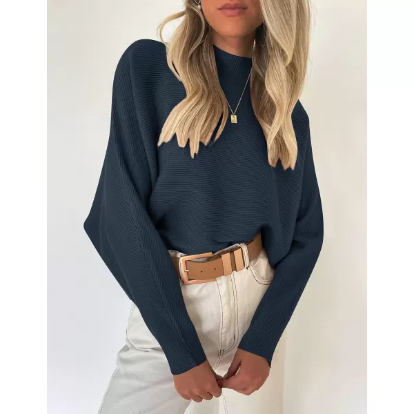 imageZESICA Womens 2023 Fall Turtleneck Batwing Long Sleeve Ribbed Knit Casual Soft Pullover Sweater Jumper TopNavy