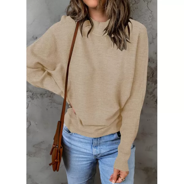 imageZESICA Womens 2023 Fall Turtleneck Batwing Long Sleeve Ribbed Knit Casual Soft Pullover Sweater Jumper TopOatmeal