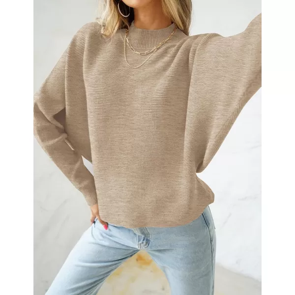imageZESICA Womens 2023 Fall Turtleneck Batwing Long Sleeve Ribbed Knit Casual Soft Pullover Sweater Jumper TopOatmeal