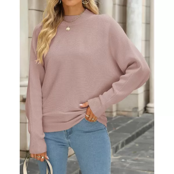 imageZESICA Womens 2023 Fall Turtleneck Batwing Long Sleeve Ribbed Knit Casual Soft Pullover Sweater Jumper TopPink