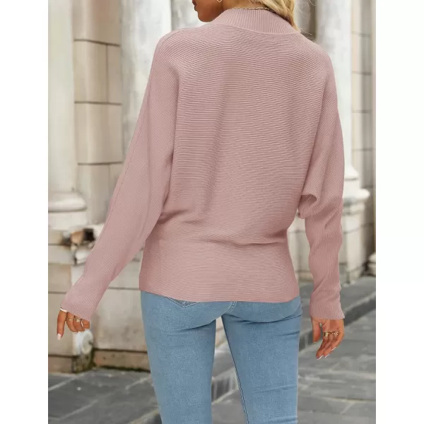 imageZESICA Womens 2023 Fall Turtleneck Batwing Long Sleeve Ribbed Knit Casual Soft Pullover Sweater Jumper TopPink