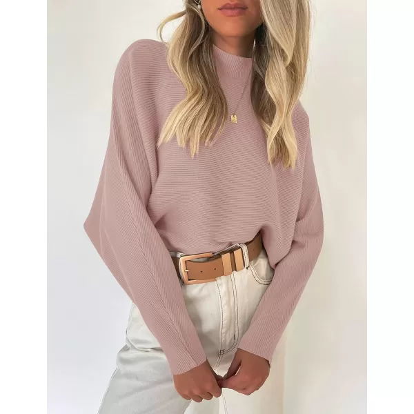 imageZESICA Womens 2023 Fall Turtleneck Batwing Long Sleeve Ribbed Knit Casual Soft Pullover Sweater Jumper TopPink