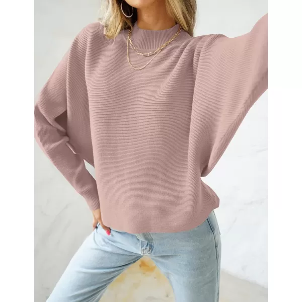 imageZESICA Womens 2023 Fall Turtleneck Batwing Long Sleeve Ribbed Knit Casual Soft Pullover Sweater Jumper TopPink