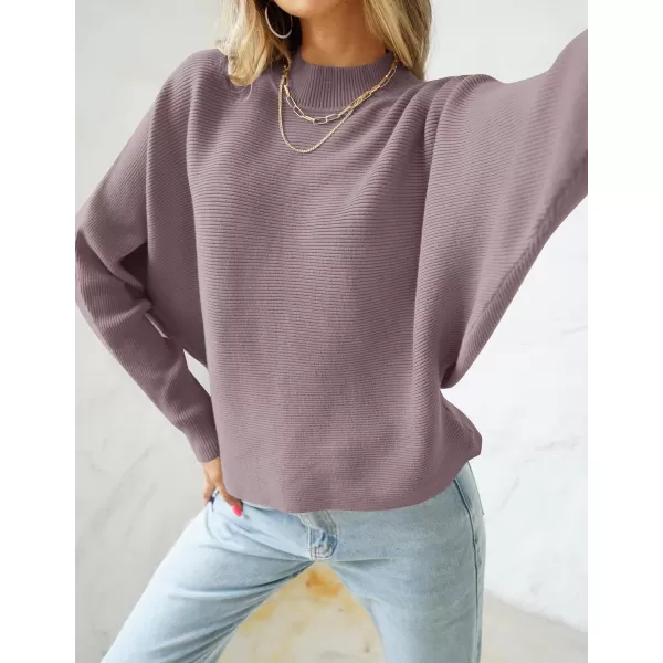 imageZESICA Womens 2023 Fall Turtleneck Batwing Long Sleeve Ribbed Knit Casual Soft Pullover Sweater Jumper TopPurple