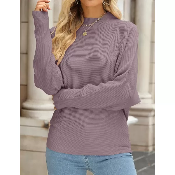 imageZESICA Womens 2023 Fall Turtleneck Batwing Long Sleeve Ribbed Knit Casual Soft Pullover Sweater Jumper TopPurple