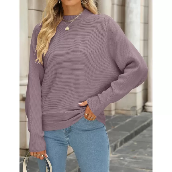 imageZESICA Womens 2023 Fall Turtleneck Batwing Long Sleeve Ribbed Knit Casual Soft Pullover Sweater Jumper TopPurple