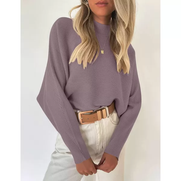 imageZESICA Womens 2023 Fall Turtleneck Batwing Long Sleeve Ribbed Knit Casual Soft Pullover Sweater Jumper TopPurple