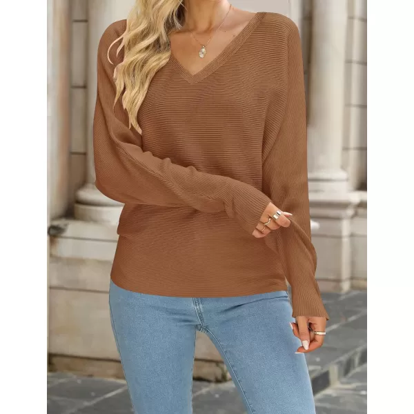 imageZESICA Womens 2023 Fall Turtleneck Batwing Long Sleeve Ribbed Knit Casual Soft Pullover Sweater Jumper TopVneckcaramel