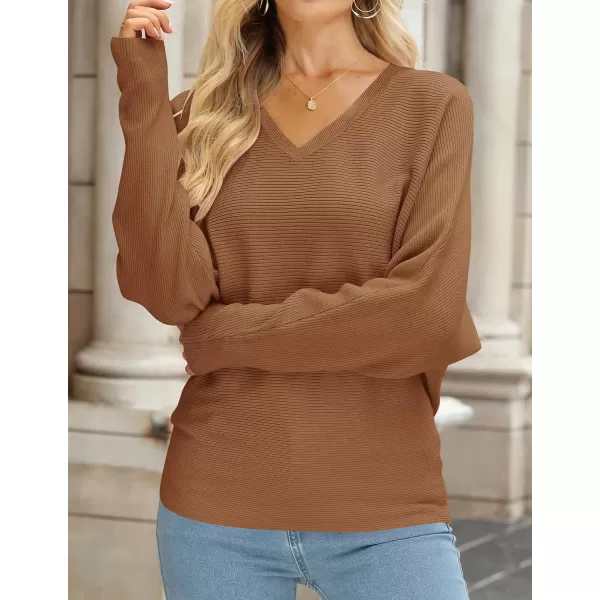 imageZESICA Womens 2023 Fall Turtleneck Batwing Long Sleeve Ribbed Knit Casual Soft Pullover Sweater Jumper TopVneckcaramel