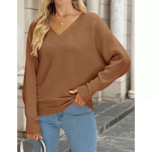 imageZESICA Womens 2023 Fall Turtleneck Batwing Long Sleeve Ribbed Knit Casual Soft Pullover Sweater Jumper TopVneckcaramel