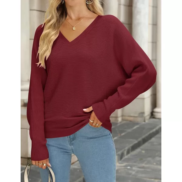 imageZESICA Womens 2023 Fall Turtleneck Batwing Long Sleeve Ribbed Knit Casual Soft Pullover Sweater Jumper TopVneckwine