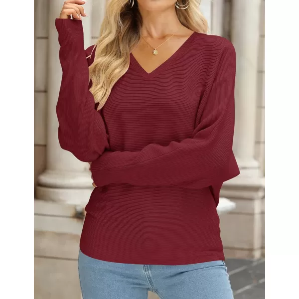 imageZESICA Womens 2023 Fall Turtleneck Batwing Long Sleeve Ribbed Knit Casual Soft Pullover Sweater Jumper TopVneckwine