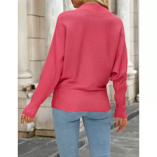 imageZESICA Womens 2023 Fall Turtleneck Batwing Long Sleeve Ribbed Knit Casual Soft Pullover Sweater Jumper TopWatermelon
