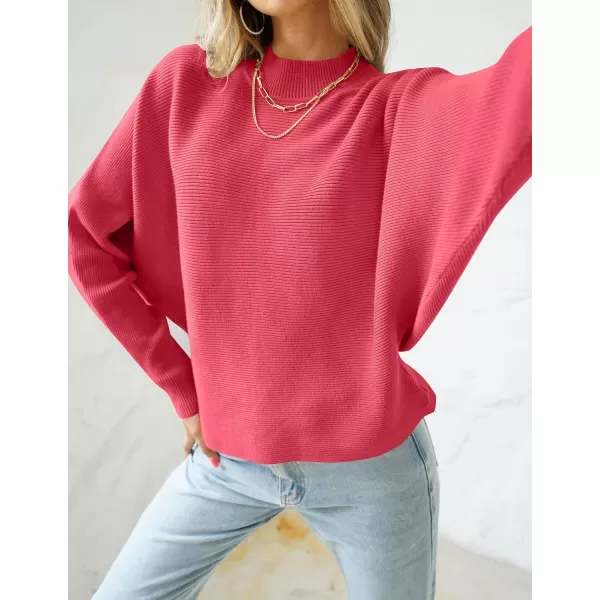 imageZESICA Womens 2023 Fall Turtleneck Batwing Long Sleeve Ribbed Knit Casual Soft Pullover Sweater Jumper TopWatermelon