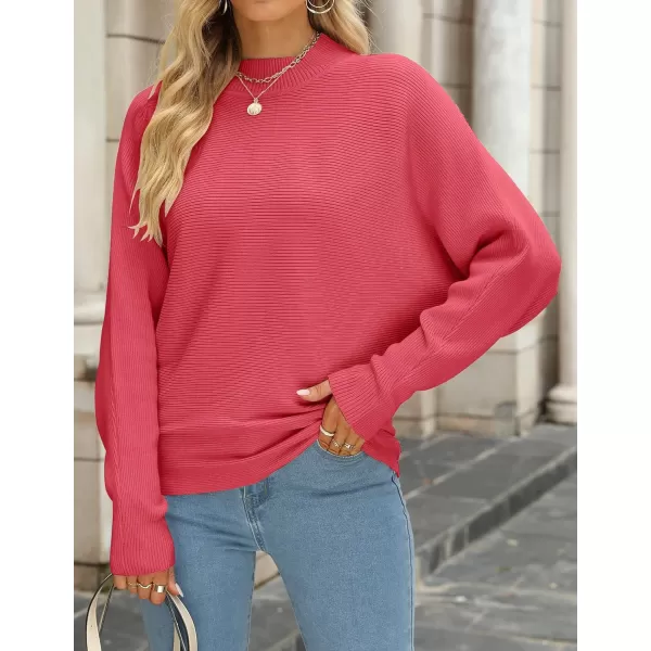 imageZESICA Womens 2023 Fall Turtleneck Batwing Long Sleeve Ribbed Knit Casual Soft Pullover Sweater Jumper TopWatermelon