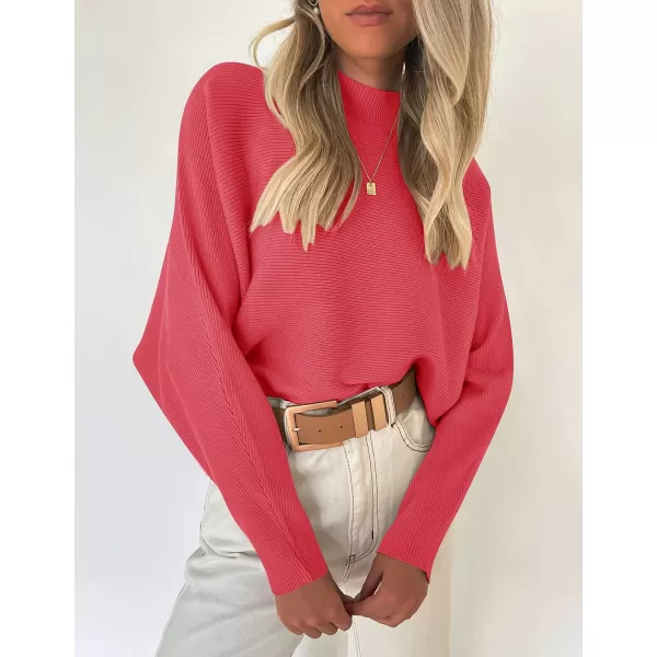 imageZESICA Womens 2023 Fall Turtleneck Batwing Long Sleeve Ribbed Knit Casual Soft Pullover Sweater Jumper TopWatermelon