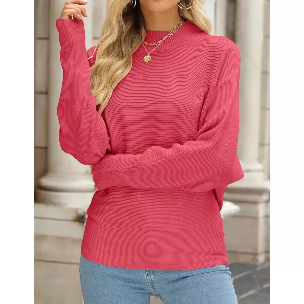 imageZESICA Womens 2023 Fall Turtleneck Batwing Long Sleeve Ribbed Knit Casual Soft Pullover Sweater Jumper TopWatermelon